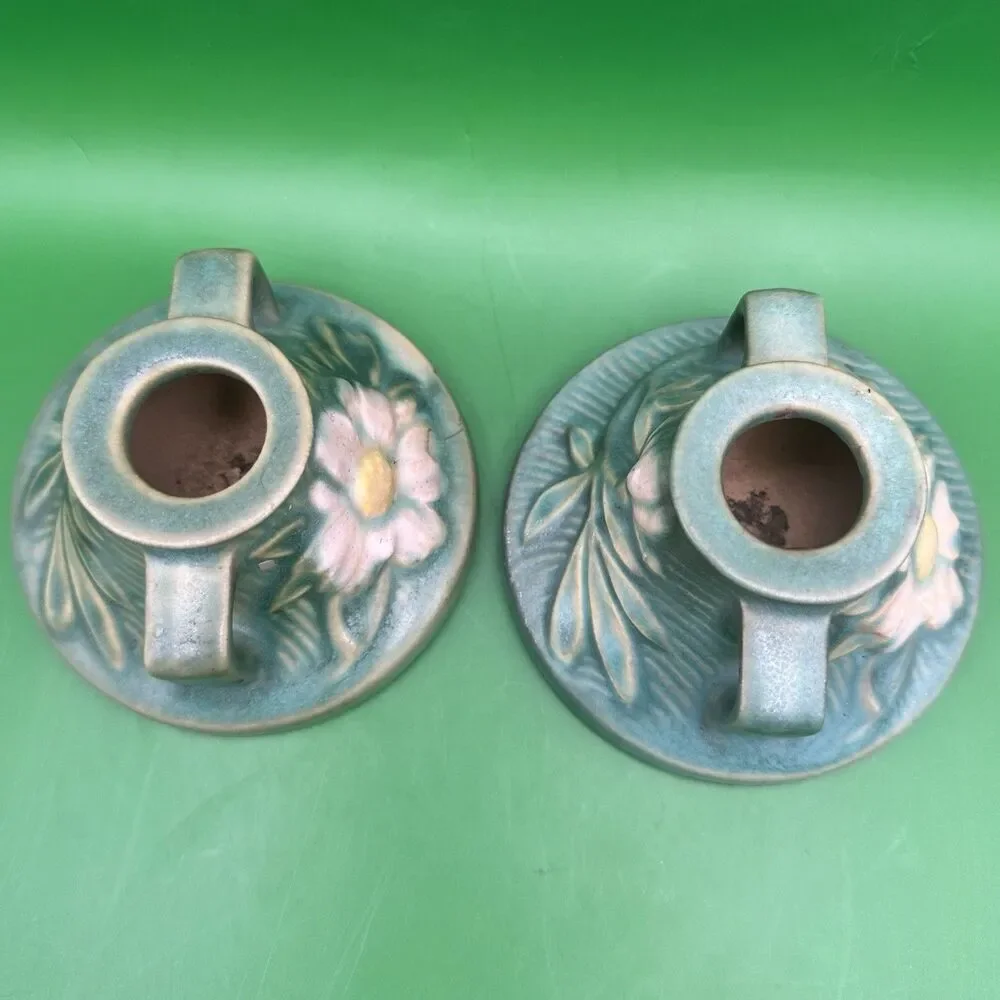 Vintage Roseville Pottery Cosmos Candlestick Holders Blue Green 1151-2 Pair 1940